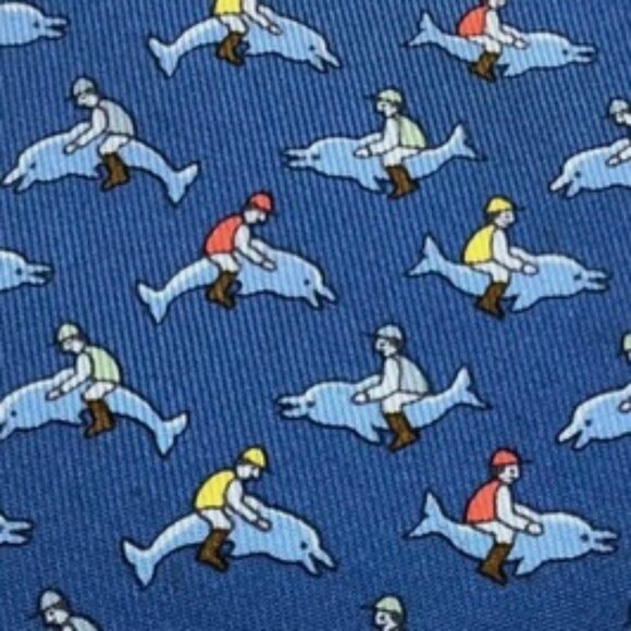 RARE HERMES TIE ~ DARKER BLUE w FUN COLORFUL JOCKEYS RACING & RIDING DOLPHINS XL - Picture 1 of 4
